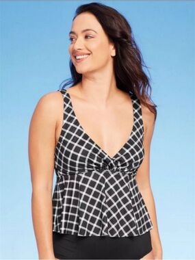 Kona Sol Cropped Tankini Swim Top Black and White Gingham Size Medium